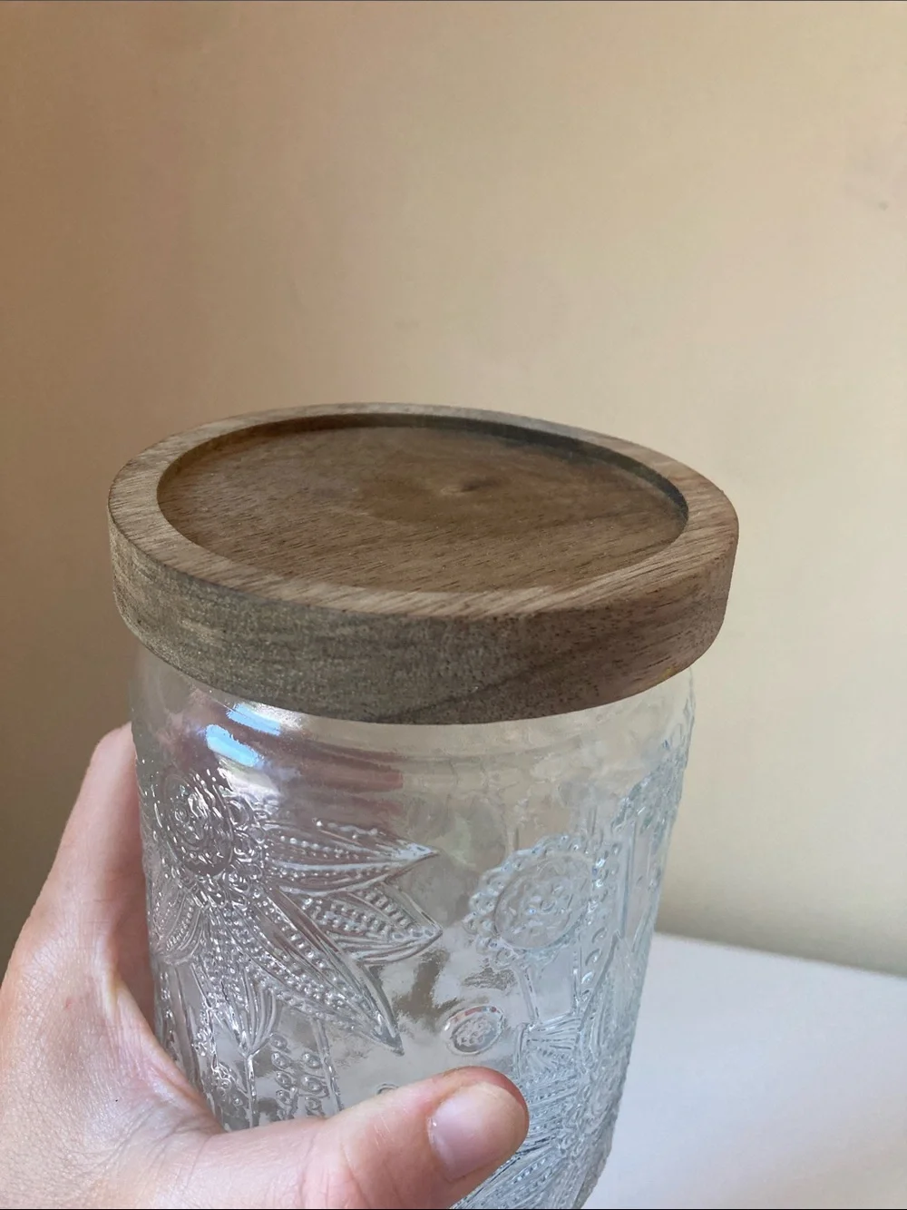 Embossed Glass Storage Jar with Wooden Lid